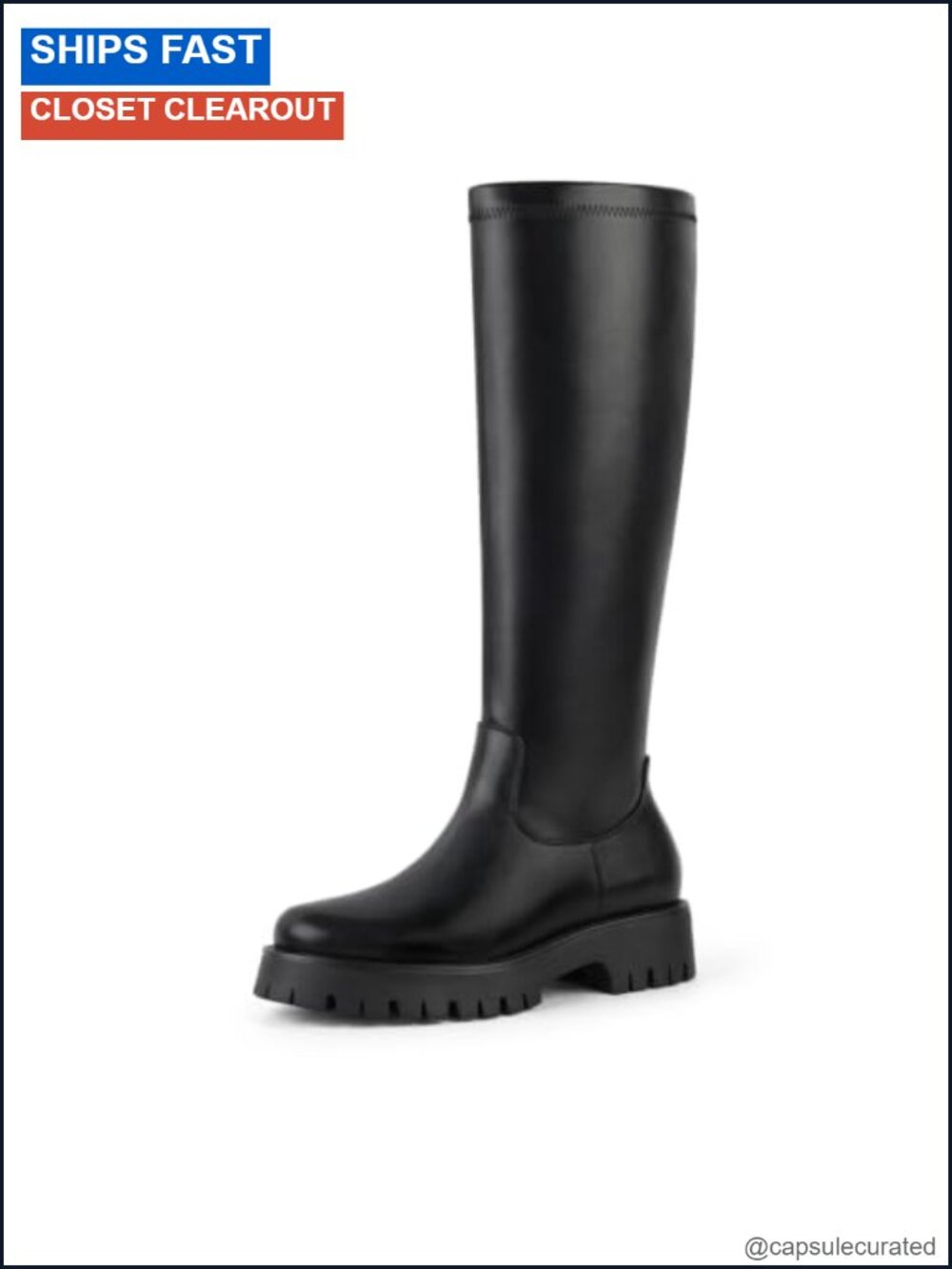Wide Calf Stretch Knee High Riding Boots Faux Leather Lug Sole